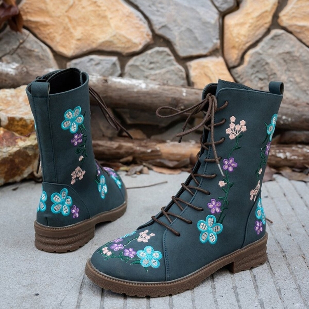 Embroidered Floral Round Toe Victorian-Inspired Block Heel Boots Lace-up Shoes